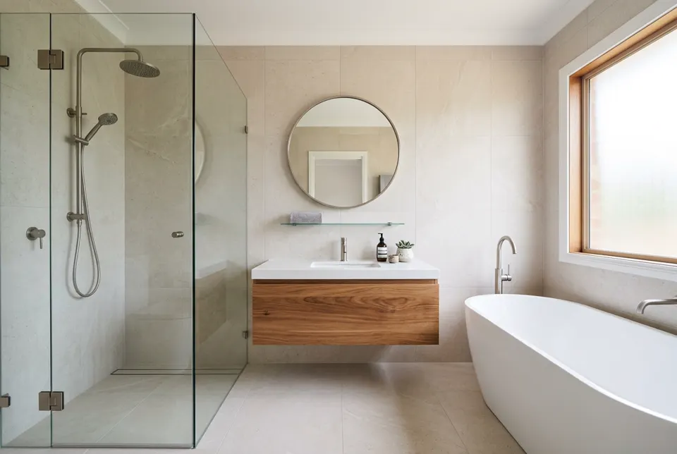 Newly renovated bathroom with walk-in shower, freestanding bath and timber vanity