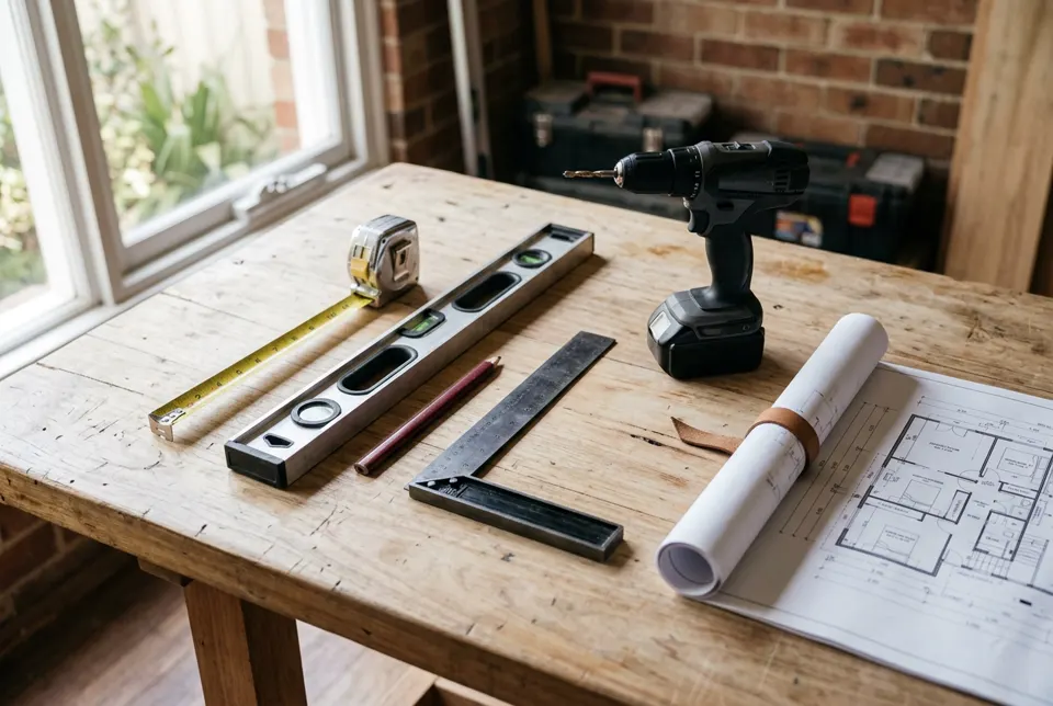 Well-kept carpentry tools and plans on a timber workbench